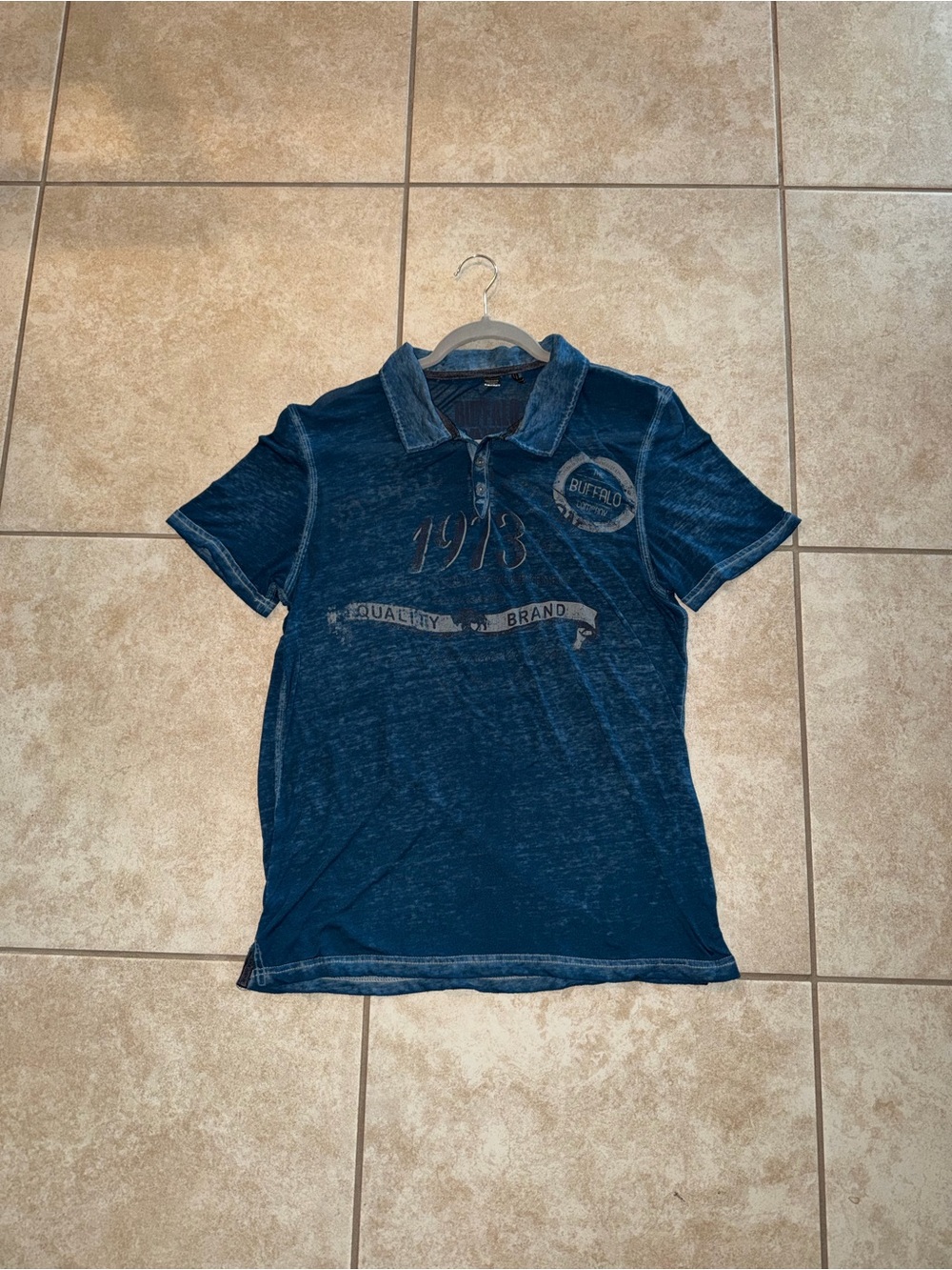 Buffalo David Bitton Vintage Navy Blue Gray Short Sleeve Thin Polo Shirt